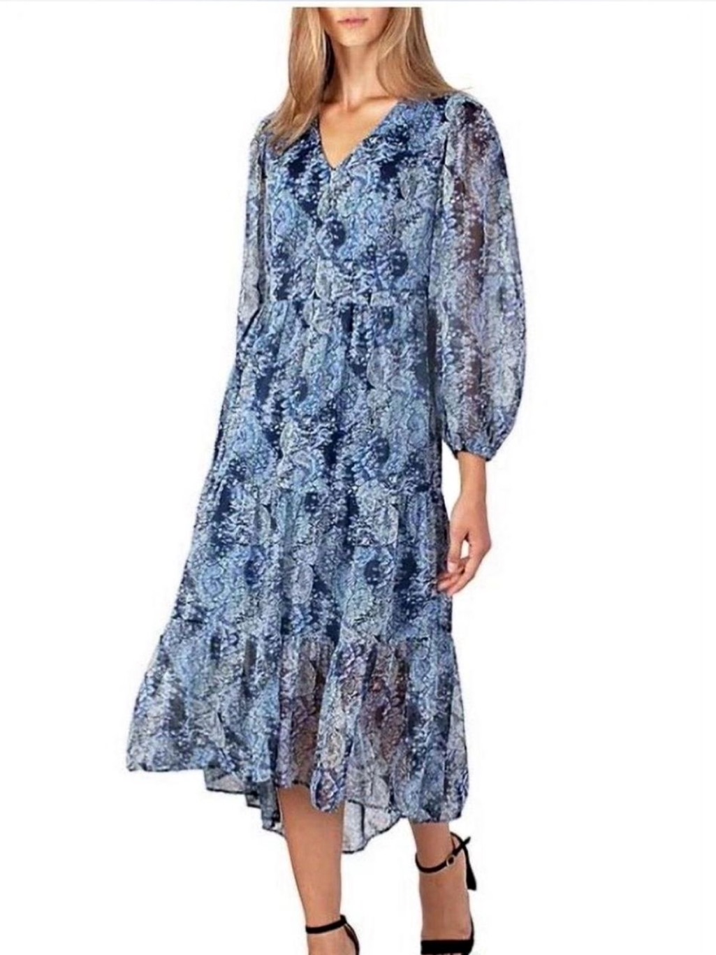 Joie Navy And Light Blue Paisley V-Neck Long Sleeve Midi Dress